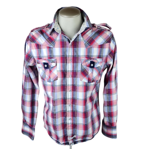 John Lennon for English Laundry Plaid Button Front Shirt Red Blue Size Large - Picture 1 of 14